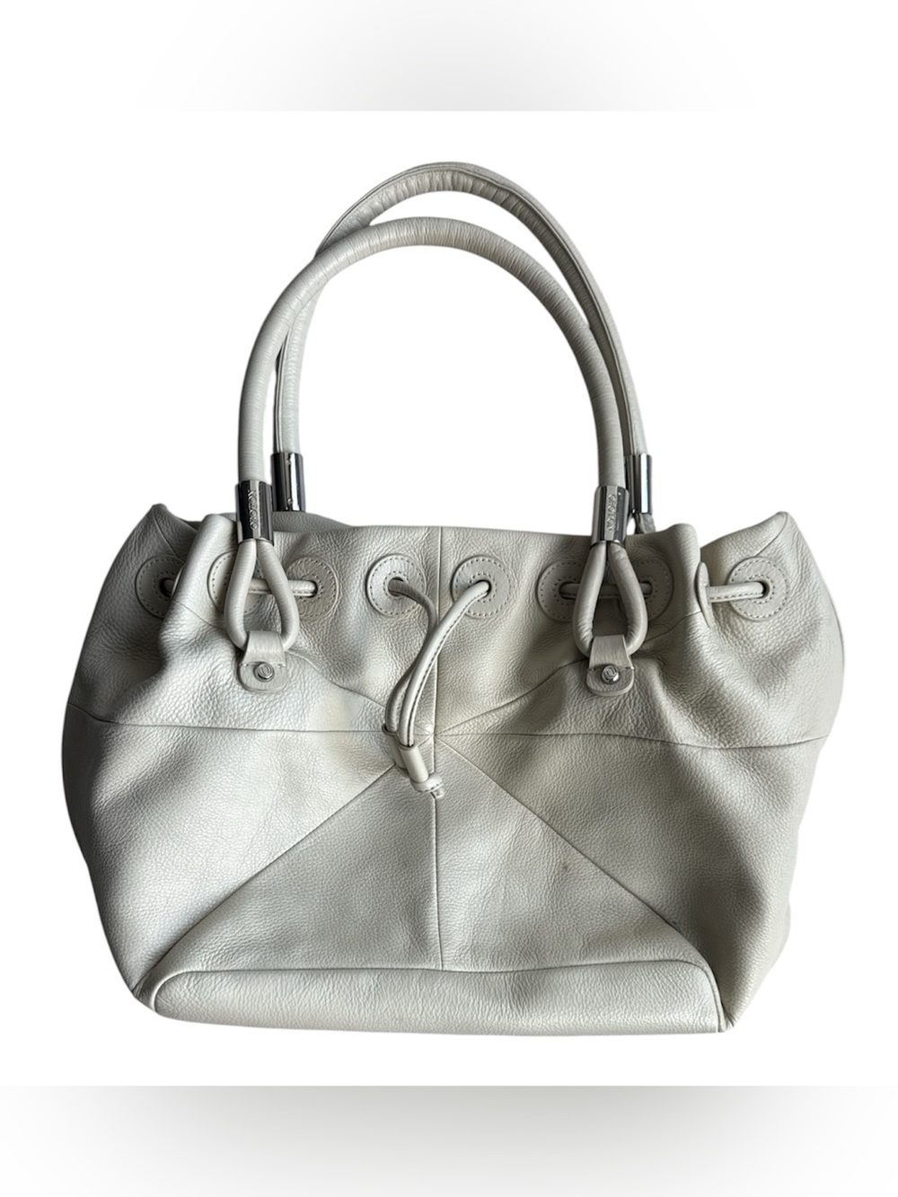 Oroton Genuine Leather Bucket Tote Bag Ivory White Silver Hardware VGUC